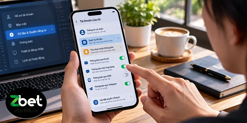 Khu vực quản lý dữ liệu và tùy chọn nhận thông báo trong tài khoản